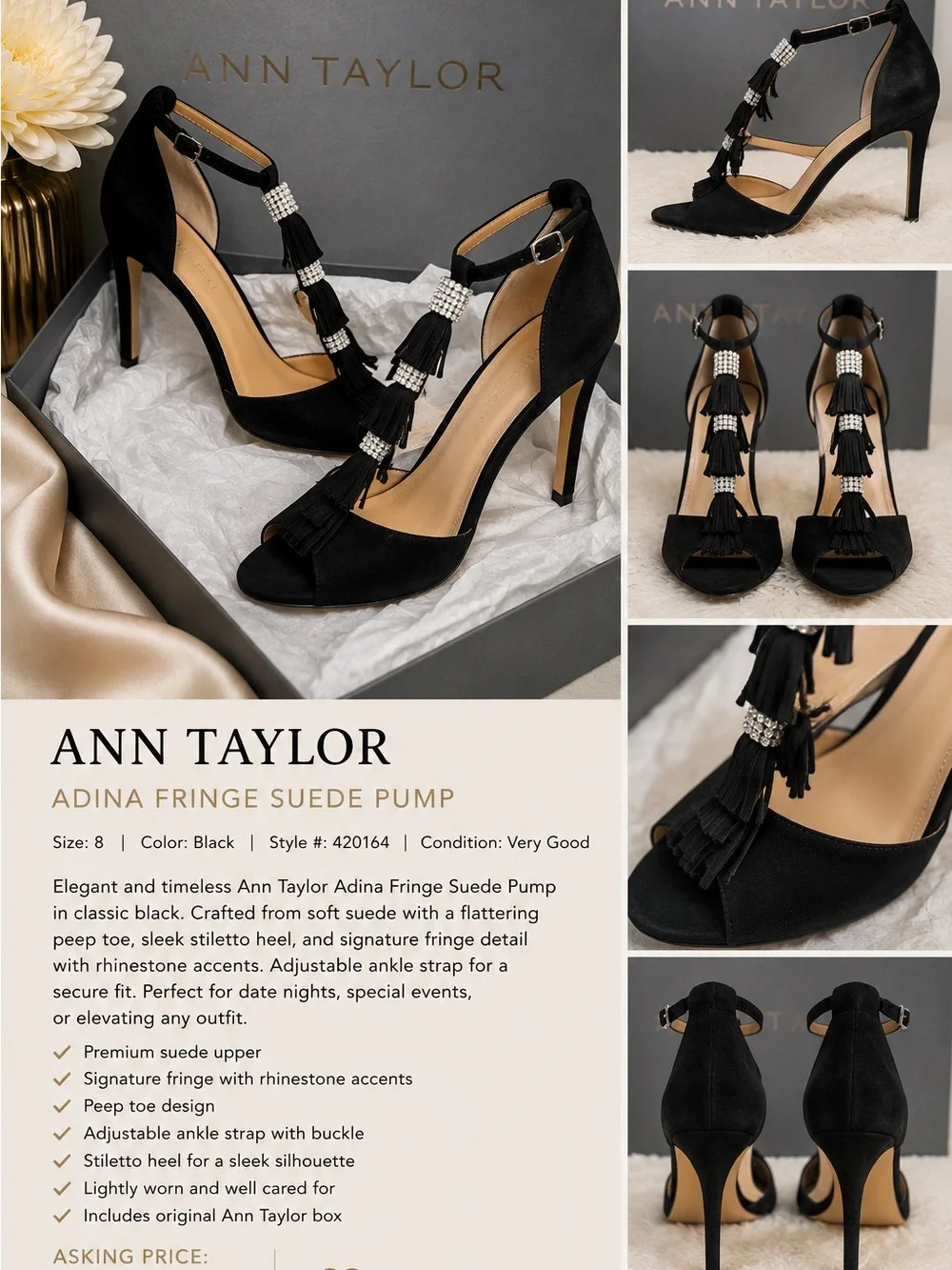 Ann Taylor Black Suede Fringe T-Strap Heels with Rhinestone Accents